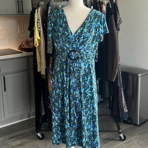 Studio I Classic Fit and Flare Dress in Blue Green Print Buckle at Waist…